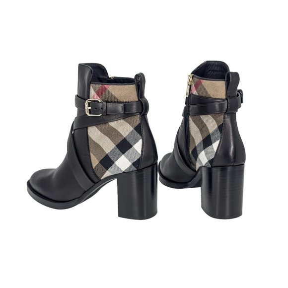 Burberry Pryle Leather & House Check Mid-Heel Ankle Boots - Picture 3 of 6